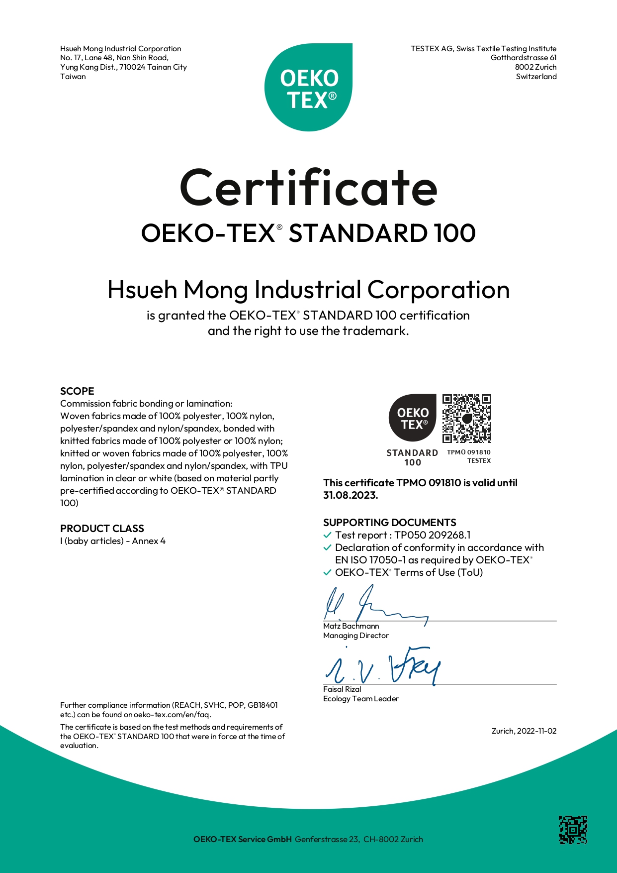 MICROSKIN® OEKO-TEX® STANDARD 100 for product class 1 (valid for one year and recertified annually)